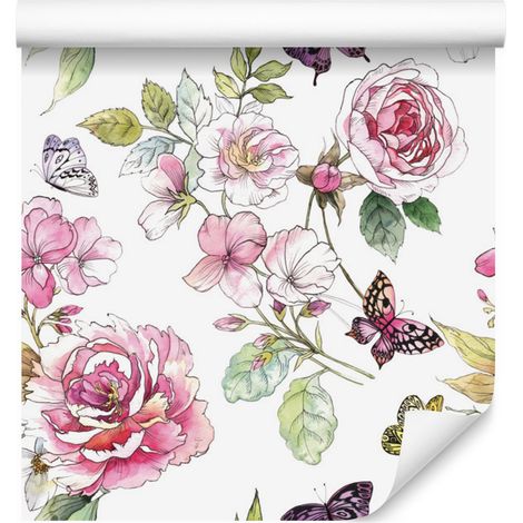 Papier peint fleurs des champs et roses style aquarelle 50x1000 cm (1/5)