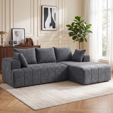 Canapé d'angle 3 places en L avec pouf, canapé-lit convertible nuage en chenille avec rembourrage à ressorts, gris (1/5)