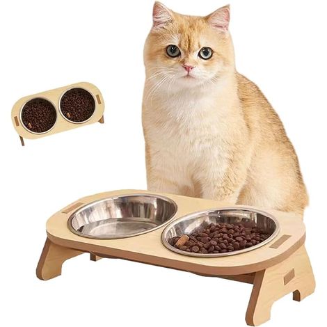 Cat / Dog Bowl Double Bowl Stainless Steel Bowl with Bamboo Stand, Non-Slip for Food and Water, Feeder and Drinker Design for Animals (Rabbit/Dog/Cat) (1/5)