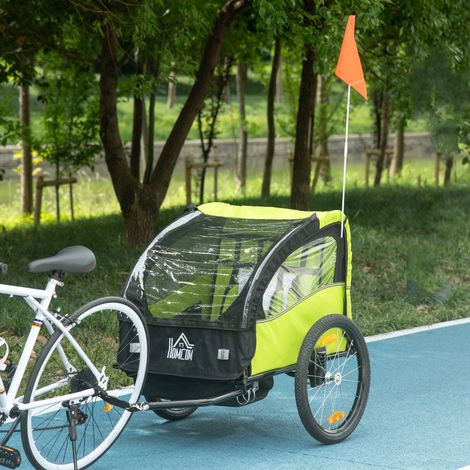 Remolque de Bicicleta para Niños +18 Meses con Cinturón de Seguridad Sistema de Amortiguador 140x88x90 cm Verde (1/5)