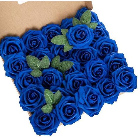 25 têtes de roses artificielles avec tige pour bouquets de mariage à faire soi-mêmebleu royal (1/2)