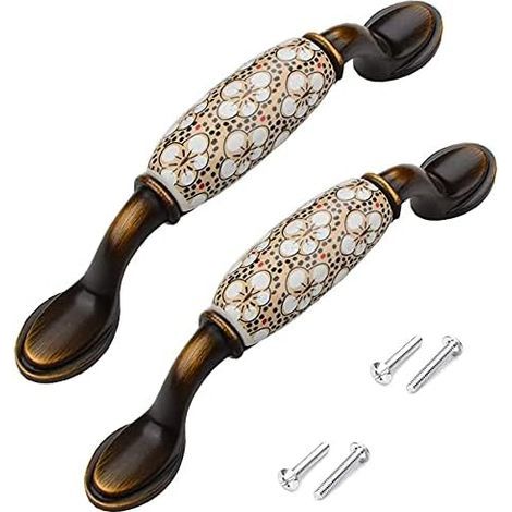 Vintage-Keramik-Türgriff, Keramik-Möbel-Schubladengriffe, antike bronzebeschichtete Zinklegierung für Holzschränke, Schubladen, Wohnkultur mit Schrauben, 2 Stück (1/5)