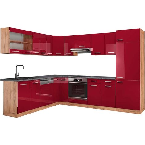 Cuisine en angle R-Line, Rouge brillant/Chêne doré, 287x60cm , PT Anthracite, Vicco