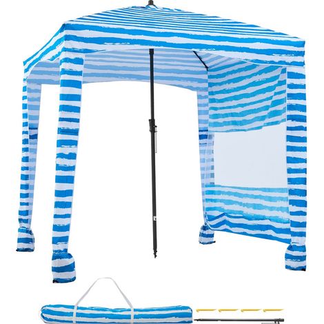 Cabane de Plage 1,83 x 1,83 m avec Paroi Latérale, Protection UPF 50+, Montage Facile, Poches à Sable, Abri Portatif pour Famille et Amis, Rayures Bleues (1/5)