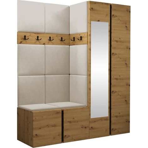 Conjunto para recibidor Pinis X, Roble Artisan, 186x158x46cm, Espejo, Aglomerado laminado, Tapiz, Colocada, Montada en la pared