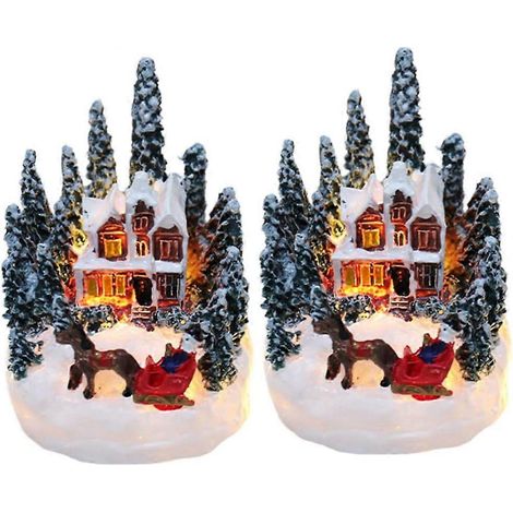 LED-verlichte kerstdorpjes, 2 stuks, lichtgevende miniatuur winterdorpjes, kerstdorpjes, bureauversieringen. (1/5)