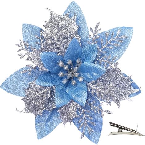 20PCS Fleurs de Noël Artificielles avec Clip, Poinsettia 14CM Décorations de Noël Brillantes pour Sapin, Guirlandes, Couronnes DIY Ornements de Fête (Bleu Argenté) (1/5)