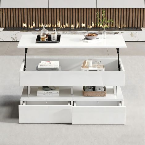 Table basse MDF blanc 100 cm relevable avec rangement caché, 2 tiroirs et LED (1/5)