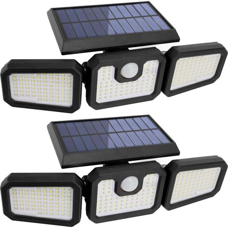 Lot de 2 lampes solaires d'extérieur à 210 LED 2500 lm Détecteur de mouvement Éclairage solaire Étanche IP65 3 têtes Spot Projecteur mural Grand angle 360° pour garage, cour, porche (1/5)