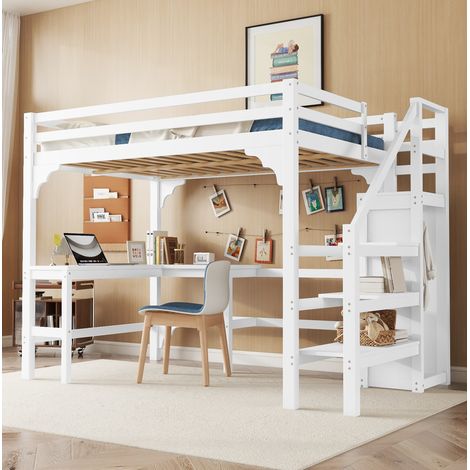 Hochbett 140x200 cm weiß aus Kiefernholz und MDF mit L-förmigem Schreibtisch und offenem Kleiderschrank (1/5)