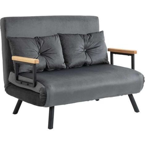 Canapé-lit 2 places en velours avec fonction couchage, livré avec 2 coussins. Finition aspect velours, coloris naturel, gris foncé et noir. (1/5)