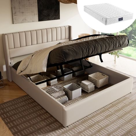Lit double coffre rembourré 140x200 cm, beige, lin, tête de lit à bandes verticales, sommier relevable (1/5)