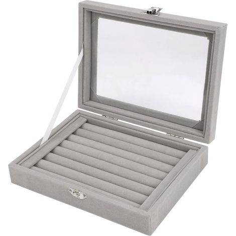 Boîte à Bijoux en Velours Gris avec Couvercle, Vitrine de Rangement pour Bagues, Colliers et Boucles