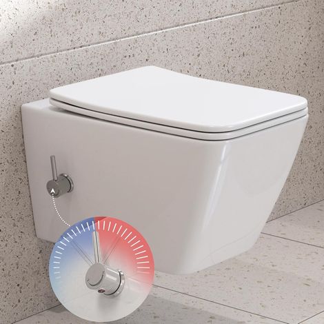 HOROW Dusch WC Kalt-Warm Wasser, Hänge WC Spülrandlos mit Düse Rechteckige  Taharet WC mit Sitz mit Absenkautomatik, Nano-Keramik, Toilette für kleine Bad, 51,5×36×34cm, Wassersparend, Geräuscharm