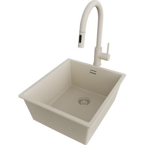 PRIMAGRAN Evier Cuisine en Granit 41x47cm,Lavabo 1 bac + Robinet 40x20cm + Kit de Vidage, Évier à Encastrer au meuble 45cm - London Slim, Beige (1/5)