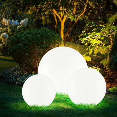 Etc-Shop – Lampes solaires LED décoratives – Boules rondes blanches avec piquet de terre – IP44, batterie rechargeable, set de 3 – Éclairage extérieur