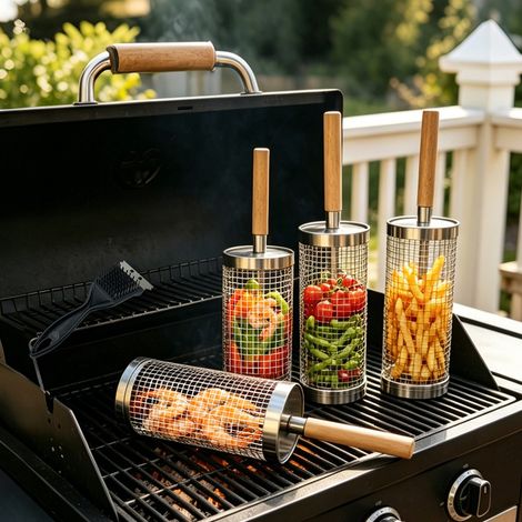 Confezione da 2 cestelli per griglia con ruote in acciaio inox 304 - con manico in legno removibile, perfetti per verdure, gamberi e barbecue (1/4)