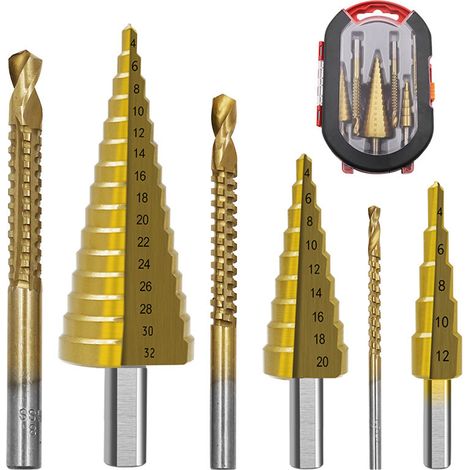 6 brocas escalonadas Pagoda/Sierra de corona/Macho espiral/Juego de brocas helicoidales 4241 HSS con vástago hexagonal, cabezal de broca de 4-12 / 4-20 / 4-32 mm, 3 / 6 / 8 mm (1/5)
