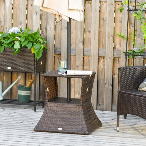 Mesa de jardín de poliratán marrón cuadrada con soporte para sombrilla, estructura metálica con recubrimiento en polvo (1/5)