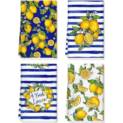Torchons de Cuisine Citron Vaisselle Lot de 4, Serviettes de Cuisine Navy Bleu Torchon Vaisselle, Doux Et Super Absorbant Accroche Très Serviettes de Bar 42 X 70 Cm (1/5)