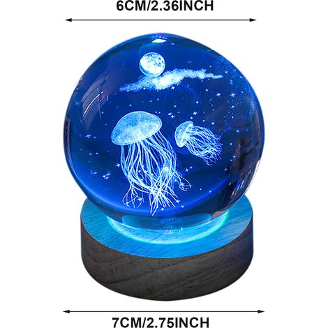 Boule de cristal 3D 6cm + socle bois lumineux 7cm USB multicolore veilleuse décorative (1/5)