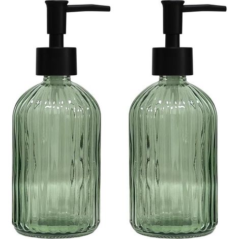 Distributeur de savon en verre vert avec pompe noire, distributeur de savon liquide rechargeable pour lavabos, pour espaces de vie modernes, salles de bains, cuisines (1/5)