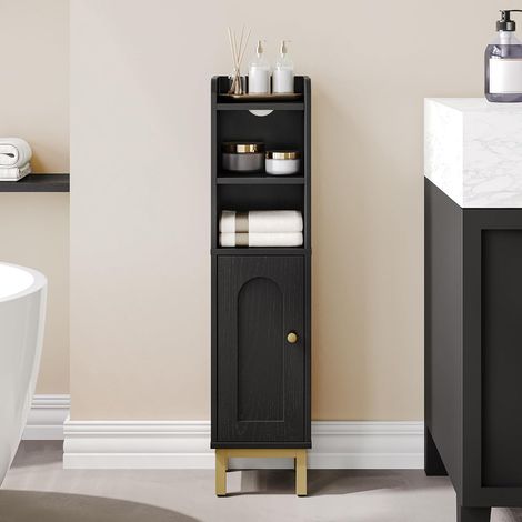 Meuble bas de salle de bain noir 20x20x83 cm – Armoire de rangement étroite avec étagères réglables – MDF et métal – Kit anti-basculement inclus (1/5)