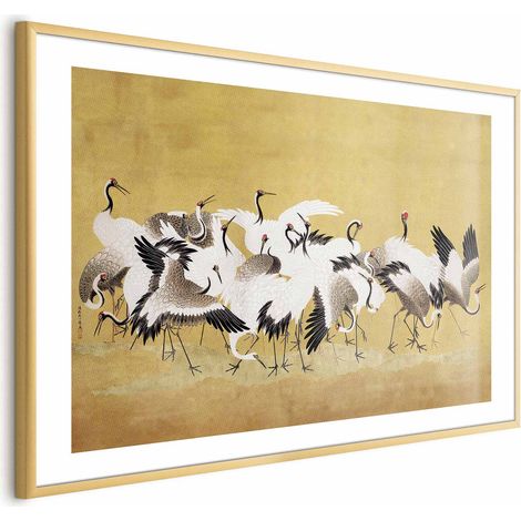 Poster – Japanische Kraniche – ein Vogelschwarm auf goldfarbenem Hintergrund, basierend auf einem Gemälde von Ishida Yūtei (1/4)