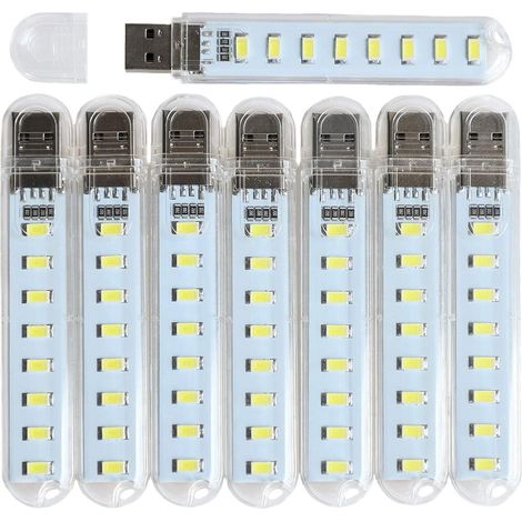 Lampe USB, douille veilleuse, petite barre lumineuse LED avec 8 LED pour batteries externes/stations d'alimentation portables (lot de 8) (blanc) (1/5)