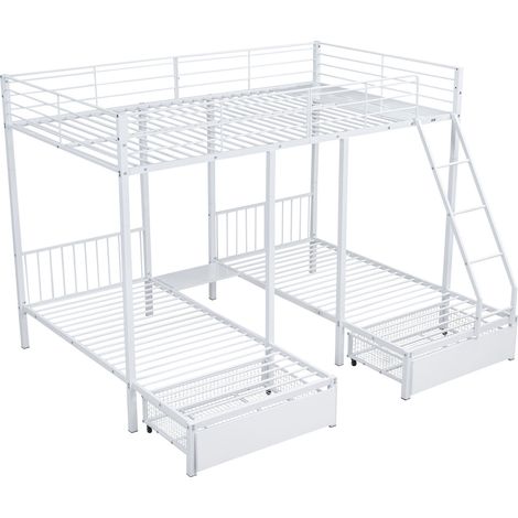 Cama triple de metal blanco con 2 cajones, 140 x 200 + 2 x 90 x 200 (1/5)