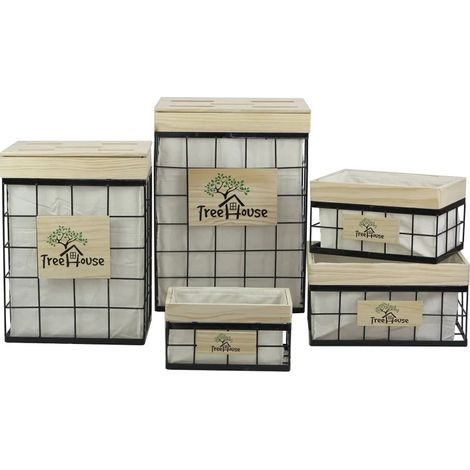 Lot de 5 panières de rangement en métal et bois - BASKET