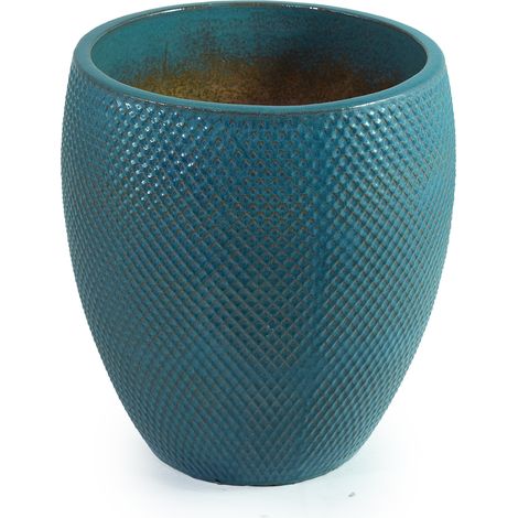 Maceta de cerámica extragrande Ø46 cm H53 cm turquesa brillante con relieve de rombos (1/5)