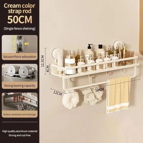 Barre de 50 cm de crème XP (sans perçage) - Support mural de salle de bain à ventouses - Étagère de salle de bain en aluminium - Organisateur mural (1/5)