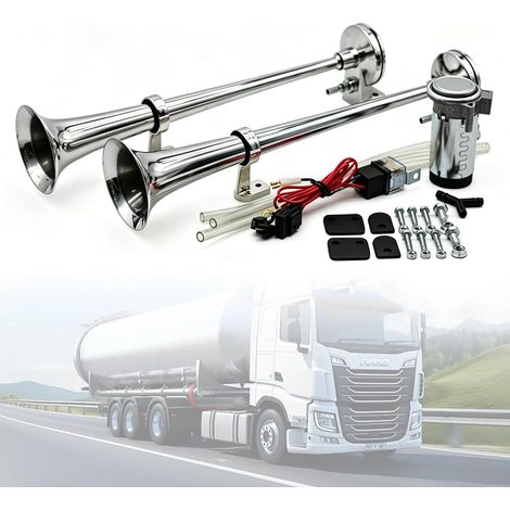 Klaxon Camion 12v,Trompette Tracteur,Fanfare Hupe Druckluft Horn Mit Kompressor,Bis Zu 150 Db - Chrom - Universal,Pour Camion Bateau Train Ainsi Suit (1/5)