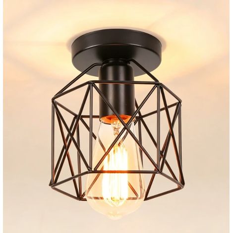 Vintage Plafonnier Industriel en Métal Cage Hexagone Suspensions Lustres Abat-Jour Géométrique Design Luminaire E27 Lampe de Plafond pour Chambre Café Restaurent Entrée Couloir, 15 CM, Noir (1/5)