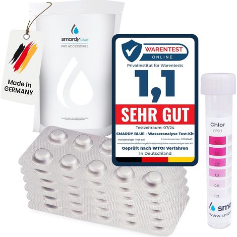 smardy 80 Pastilles Test Rapide pour Piscine & Spa - Test pH et Chlore avec Phenol Red & DPD1, Analyse Eau Piscine, Jacuzzi & Eau Potable, Avec Tube à Essai, Comprimés Made in Germany (1/5)