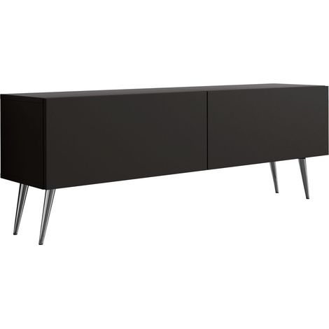 Meuble TV : Noir Mat, pieds Chrome, 140 x 52 x 32 cm (1/5)