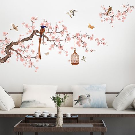 Un lot de Stickers Muraux branche de fleurs cage à oiseaux,Autocollant Mural pour Fenêtre mur,décoration murale pour salon chambre bureau cuisine (1/5)