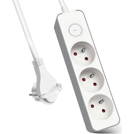 Multiprises 3 Prise avec Interrupteur Fiche Plate, Bloc 3 Prises, Rallonge 1.5m 230 V avec sécurité Enfant, Blanc (1/5)