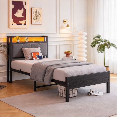 Lit 90x200 cm avec éclairage LED-USB Type-C-Cadre de lit en métal,Lit Moderne pour Adolescent avec sommier à Lattes,pour Chambre d'amis,Montage Facile,Noir (1/5)