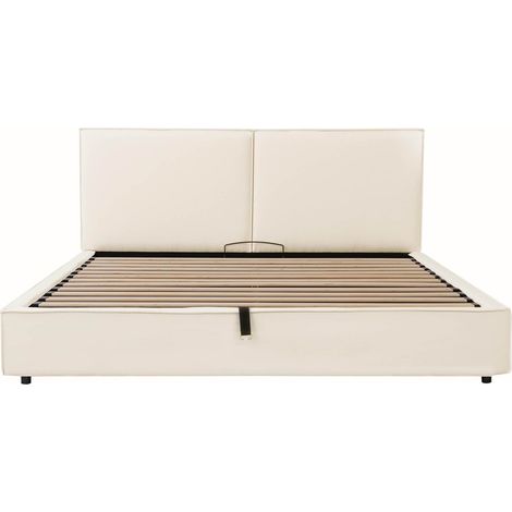 Lit double capitonné 180 x 200 cm avec sommier relevable hydraulique, lin beige OKWISH (1/5)