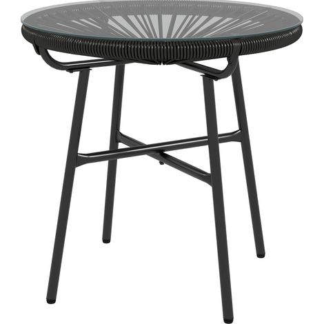 Mesa auxiliar de jardín boho de ratán PE y vidrio templado 50 x 50 x 50 cm negra (1/5)