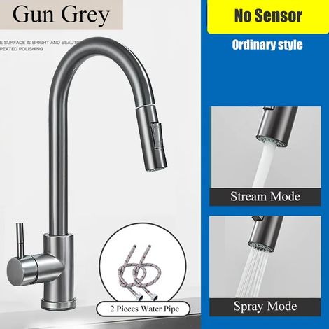 Robinet de cuisine (gris anthracite) en nickel brossé, double fonction, mitigeur extractible, eau chaude/froide, robinet de lavabo à poignée unique, montage sur plage (1/5)