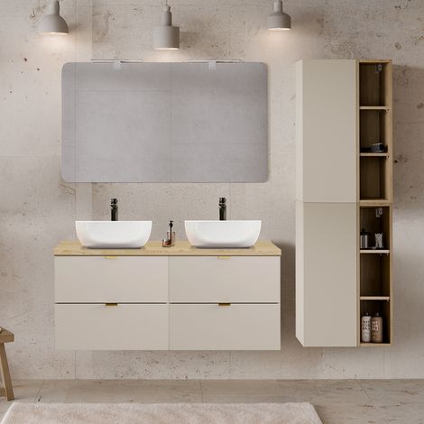 Conjunto mueble doble lavabo 120cm y columna Azel Cachemira y Madera