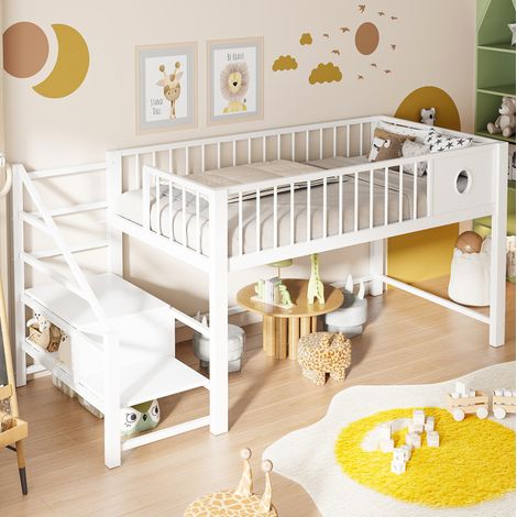 Letto a castello basso 90x200 cm bianco in metallo e MDF con scala portaoggetti (1/5)