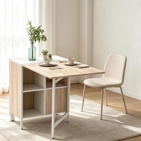 Table de salle à manger extensible multifonctionnelle, table pliante au style moderne, table extensible avec espace de rangement (table seule). (1/5)