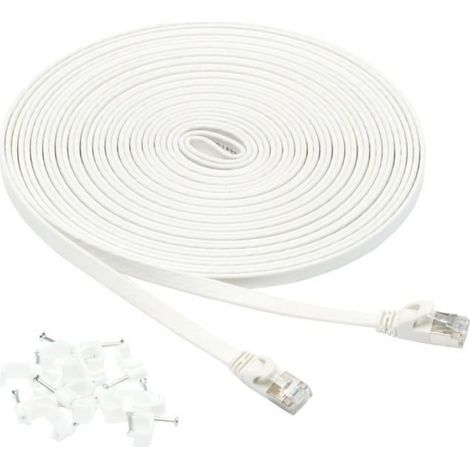 Câble Ethernet plat Cat7 9,1 m blanc RJ45 STP 600 MHz, connecteurs plaqués or, snagless – Basics (1/3)