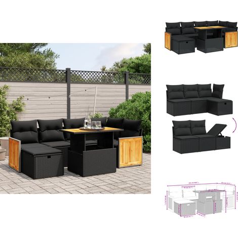 Salon de jardin 7 pcs avec coussins noir résine tressée - Ensemble Salon De Jardin - Mobilier Extérieur - Résine Tressée - Rotin Synthétique - Table Extensible (1/4)