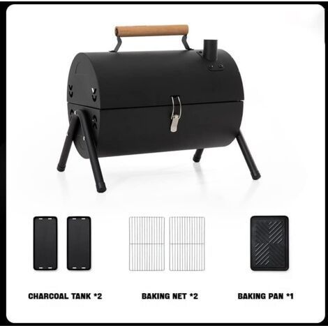 Barbecue charbon portable avec cheminée – Grille inox pour cuisson uniforme – 2 évents pour circulation d'air – Poignée bois anti-brûlure (1/4)