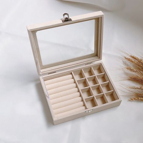 Boîte de rangement sécurisée en feutrine avec 9 compartiments pour bijoux (colliers, boucles d'oreilles, bracelets), couleur beige. (1/2)